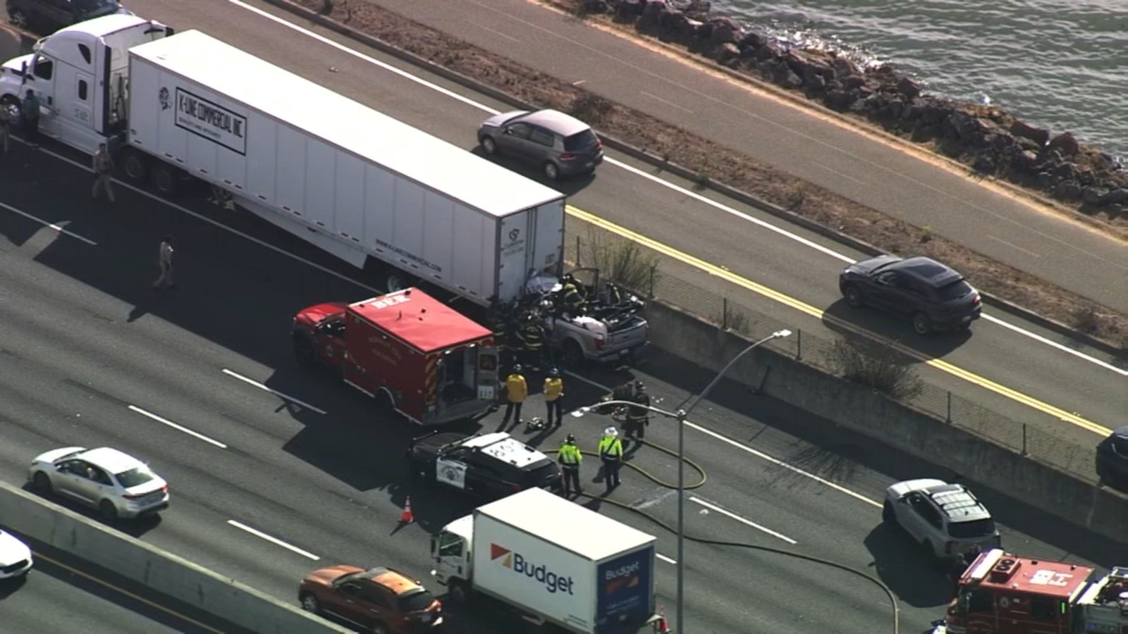 Person dies after pickup truck slams into back of big rig shutting down part of I-80 in Berkeley