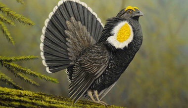 Painting of black bird with yellow and white in forest