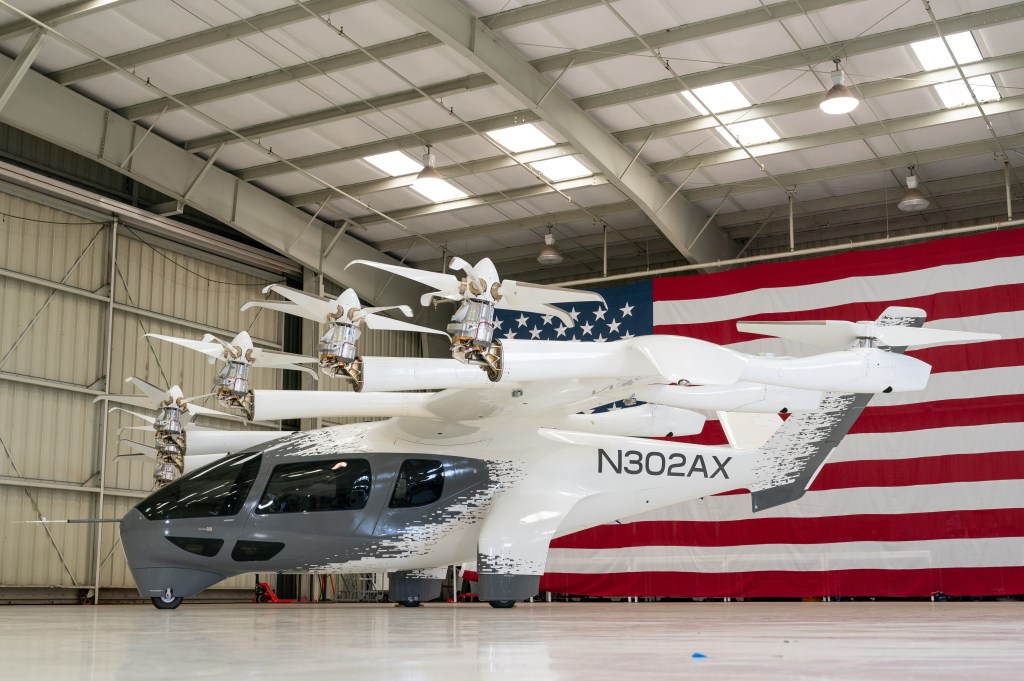 The Archer Aviation Midnight electric vertical takeoff and landing aircraft inside a hangar in Salinas, California.