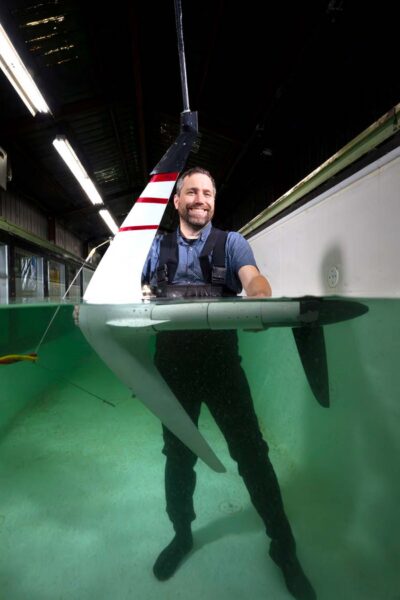Professor Evan Variano with underwater kite in UC Berkeley's FLOW Lab