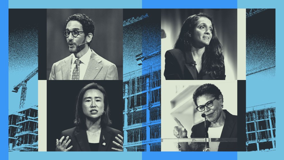 Four public figures appear in a grid of headshots against a blue-toned collage featuring high-rise buildings and construction cranes.