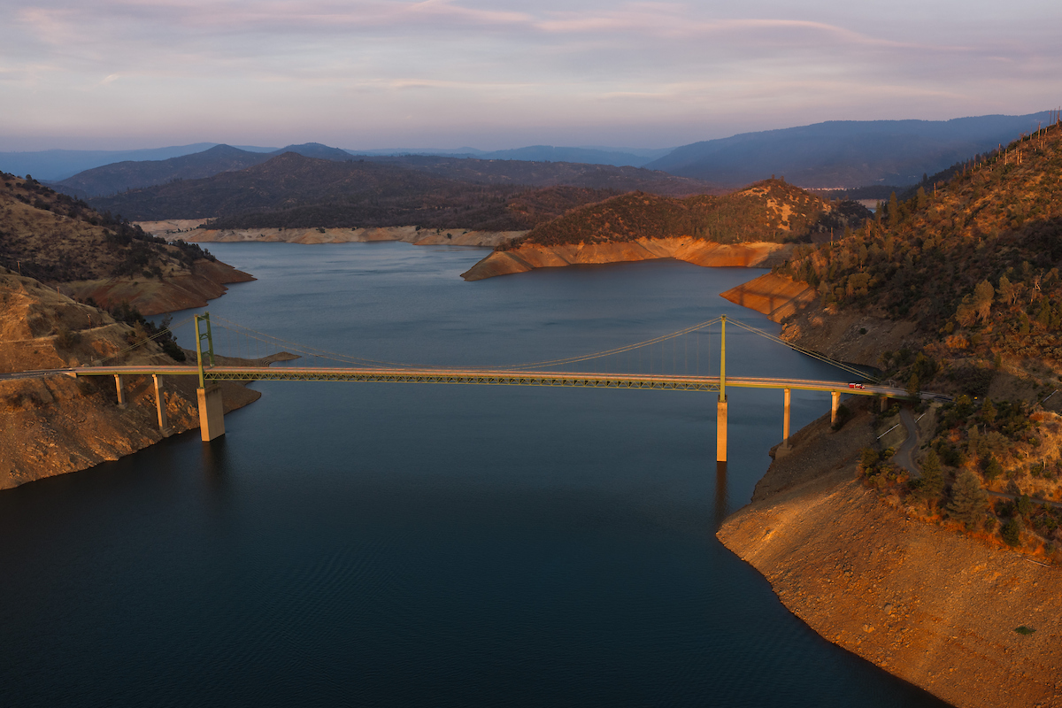 A drone view before sunset of Bidwell Bar Bridge at Lake Oroville in Butte County, California. Photo taken August 31, 2026. 