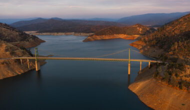 A drone view before sunset of Bidwell Bar Bridge at Lake Oroville in Butte County, California. Photo taken August 31, 2026.