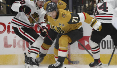 Golden Knights center William Karlsson (71) and Chicago Blackhawks right wing Roman Kantserov ( ...