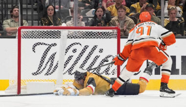 Anaheim Ducks center Leo Carlsson (91) scores against the Vegas Golden Knights during the secon ...
