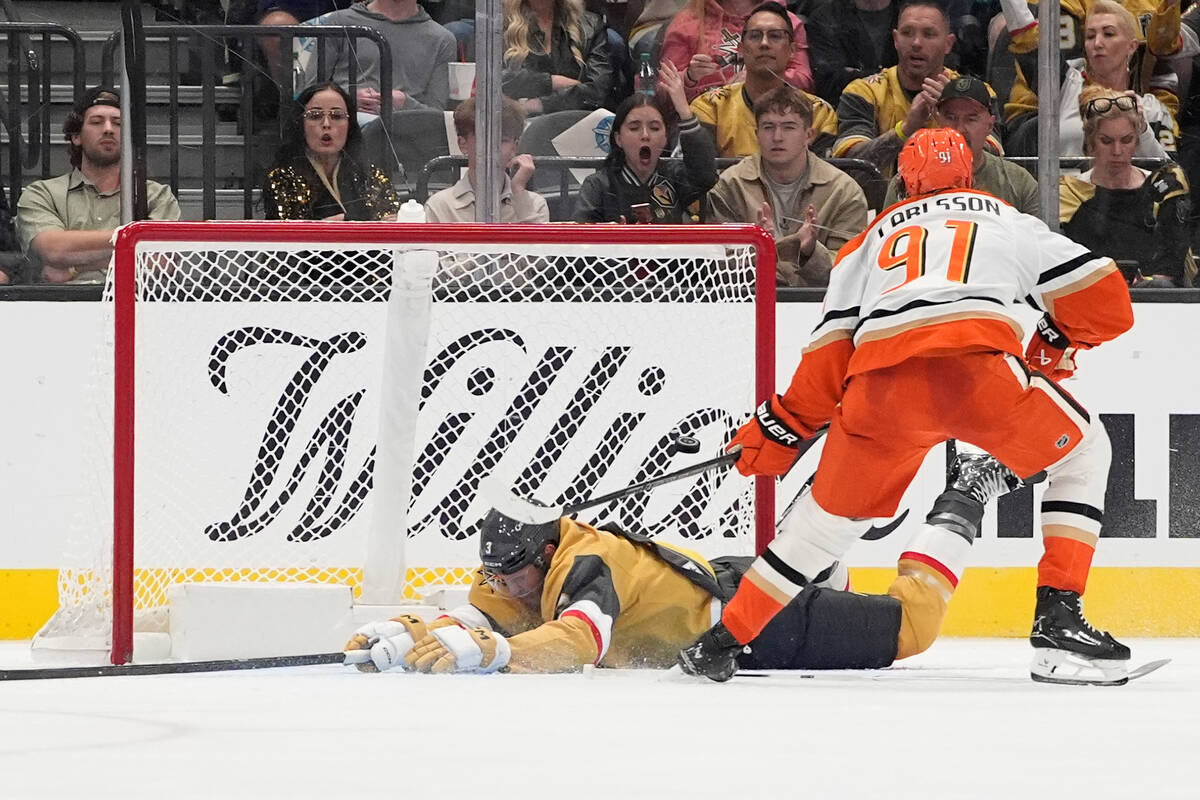 Anaheim Ducks center Leo Carlsson (91) scores against the Vegas Golden Knights during the secon ...