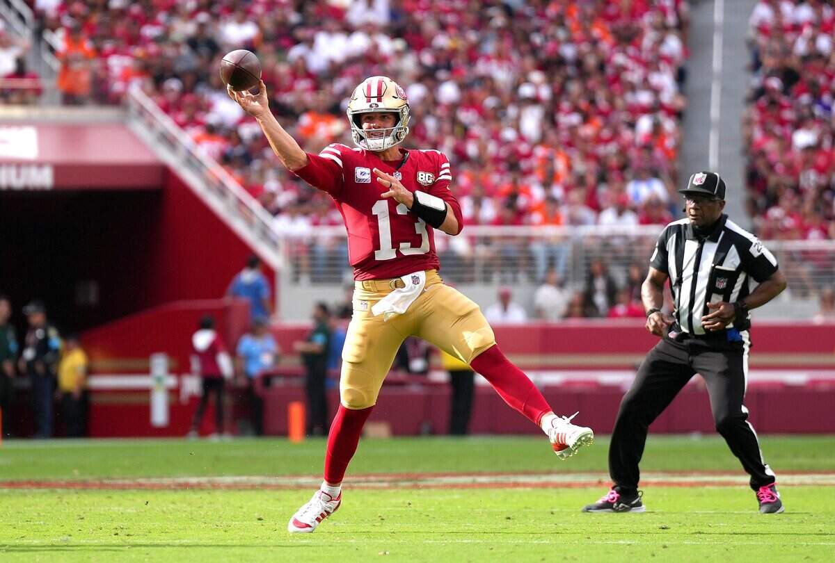 SANTA CLARA, CALIFORNIA - OCTOBER 04: Brock Purdy #13 of the San Francisco 49ers throws a pass against the Denver Broncos in the third quarter at Levi's Stadium on October 04, 2026 in Santa Clara, California. (Photo by Thearon W. Henderson/Getty Images)