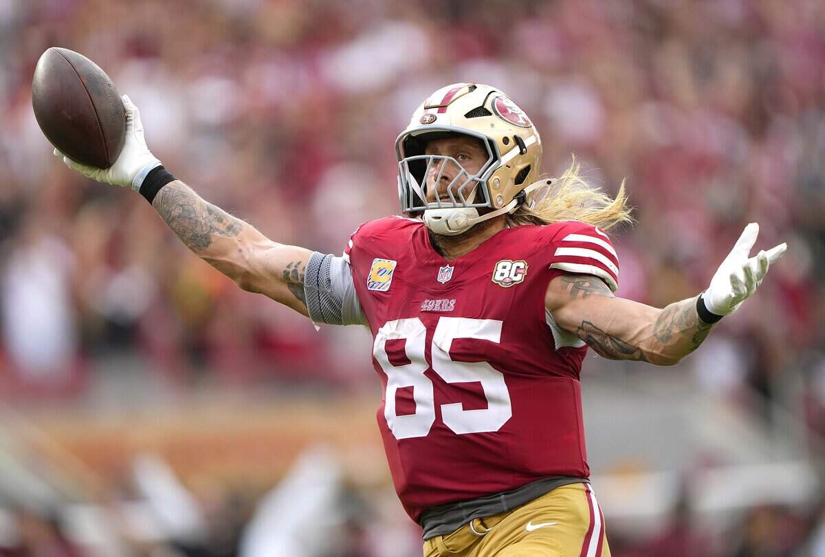 SANTA CLARA, CALIFORNIA - OCTOBER 04: George Kittle #85 of the San Francisco 49ers celebrates scoring a touchdown on a 56 yard pass play against the Denver Broncos in the fourth quarter at Levi's Stadium on October 04, 2026 in Santa Clara, California. (Photo by Thearon W. Henderson/Getty Images)
