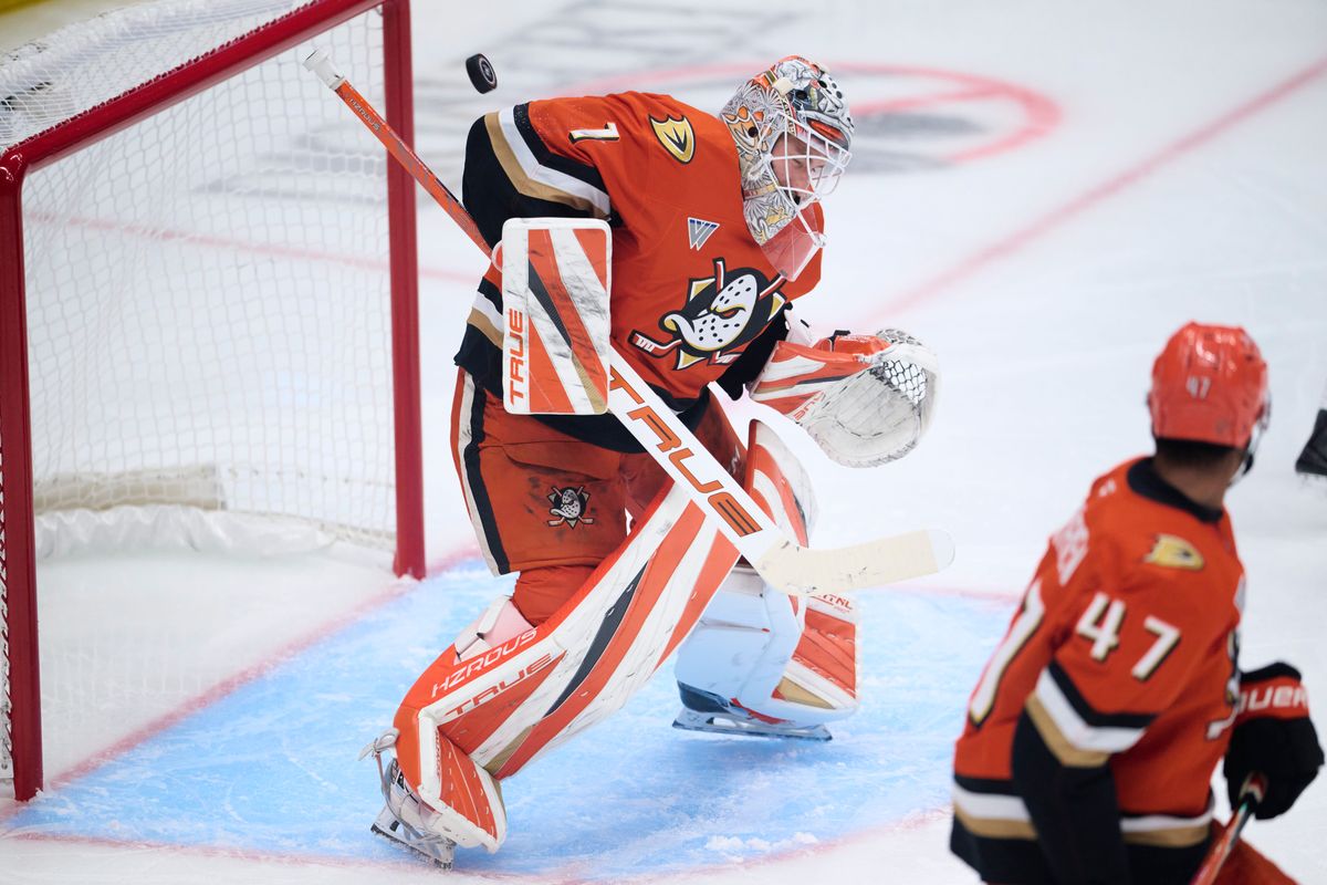 Anaheim Ducks Goalie Lukas Dostal #1 defends the goal during an NHL game against The Florida Panthers on Sunday, October 4th, 2026 at Honda Center in Anaheim, California. Anaheim Ducks Goalie Lukas Dostal #1 defends the goal during an NHL game against The Florida Panthers on Sunday, October 4th, 2026 at Honda Center in Anaheim, California.