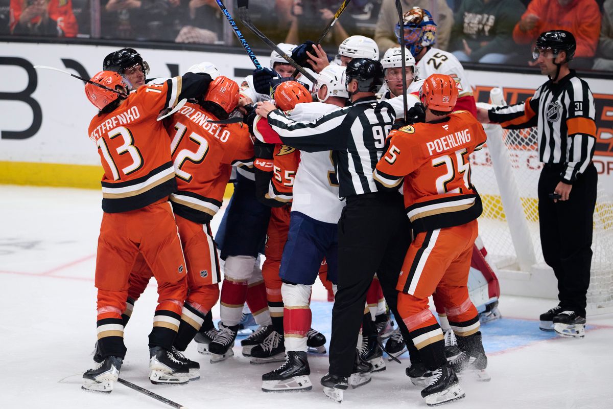 Anaheim Ducks fight with The Florida Panthers during an NHL game against The Florida Panthers on Sunday, October 4th, 2026 at Honda Center in Anaheim, California. Anaheim Ducks fight with The Florida Panthers during an NHL game against The Florida Panthers on Sunday, October 4th, 2026 at Honda Center in Anaheim, California.