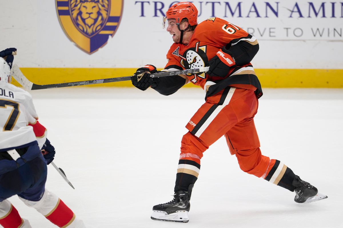 Anaheim Ducks left wing Cutter Gauthier #61 shoots a goal attempt during an NHL game against The Florida Panthers on Sunday, October 4th, 2026 at Honda Center in Anaheim, California. Anaheim Ducks left wing Cutter Gauthier #61 shoots a goal attempt during an NHL game against The Florida Panthers on Sunday, October 4th, 2026 at Honda Center in Anaheim, California.