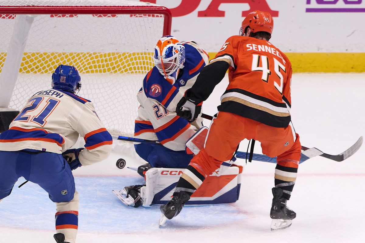 The Anaheim Ducks right wing Beckett Sennecke #45 scores a goal during an NHL game against The Edmonton Oilers on October 7th, 2026 Honda Center in Anaheim, California.