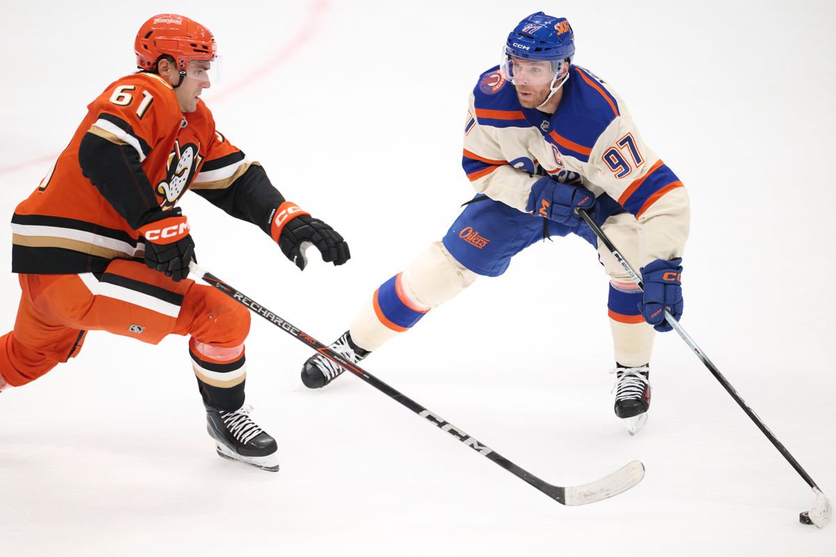 The Edmonton Oilers captain Connor McDavid #97 controls the puck during an NHL game against The Anaheim Ducks on October 7th, 2026 Honda Center in Anaheim, California.