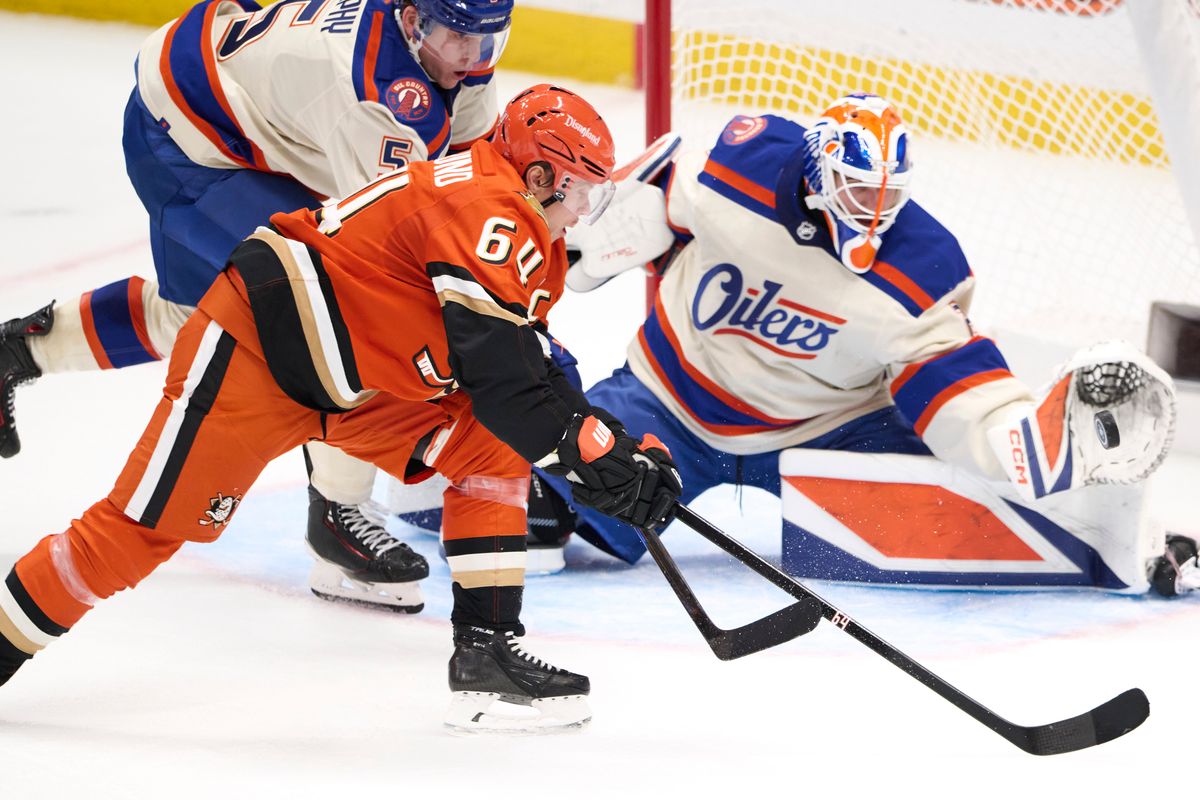 The Anaheim Ducks captain Mikael Granlund #64 shoots a goal attempt during an NHL game against The Edmonton Oilers on October 7th, 2026 Honda Center in Anaheim, California.