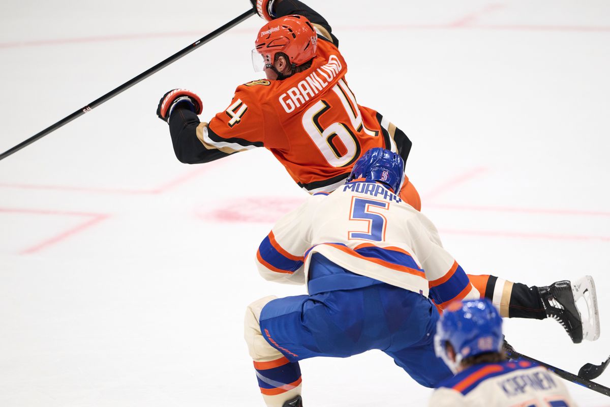 The Anaheim Ducks captain Mikael Granlund #64 gets tripped during an NHL game against The Edmonton Oilers on October 7th, 2026 Honda Center in Anaheim, California.