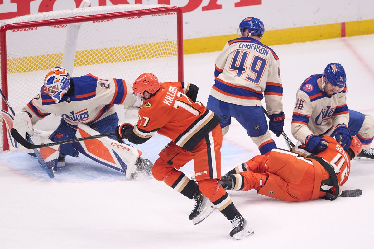 The Anaheim Ducks left wing Alex Killorn #17 and right wing Beckett Sennecke #45 attack the goal during an NHL game against The Edmonton Oilers on October 7th, 2026 Honda Center in Anaheim, California.