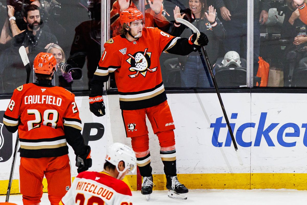 Leo Carlsson #91 of the Anaheim Ducks celebrates after scoring a goal during an NHL game against the Calgary Flames on October 13, 2026 at Honda Center in Anaheim, California.