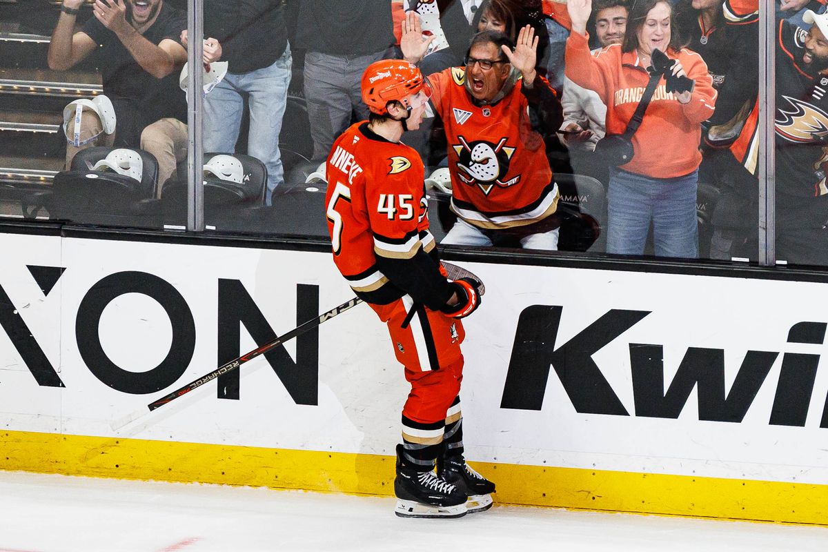 Beckett Sennecke #45 of the Anaheim Ducks celebrates after scoring a goal during an NHL game against the Calgary Flames on October 13, 2026 at Honda Center in Anaheim, California.