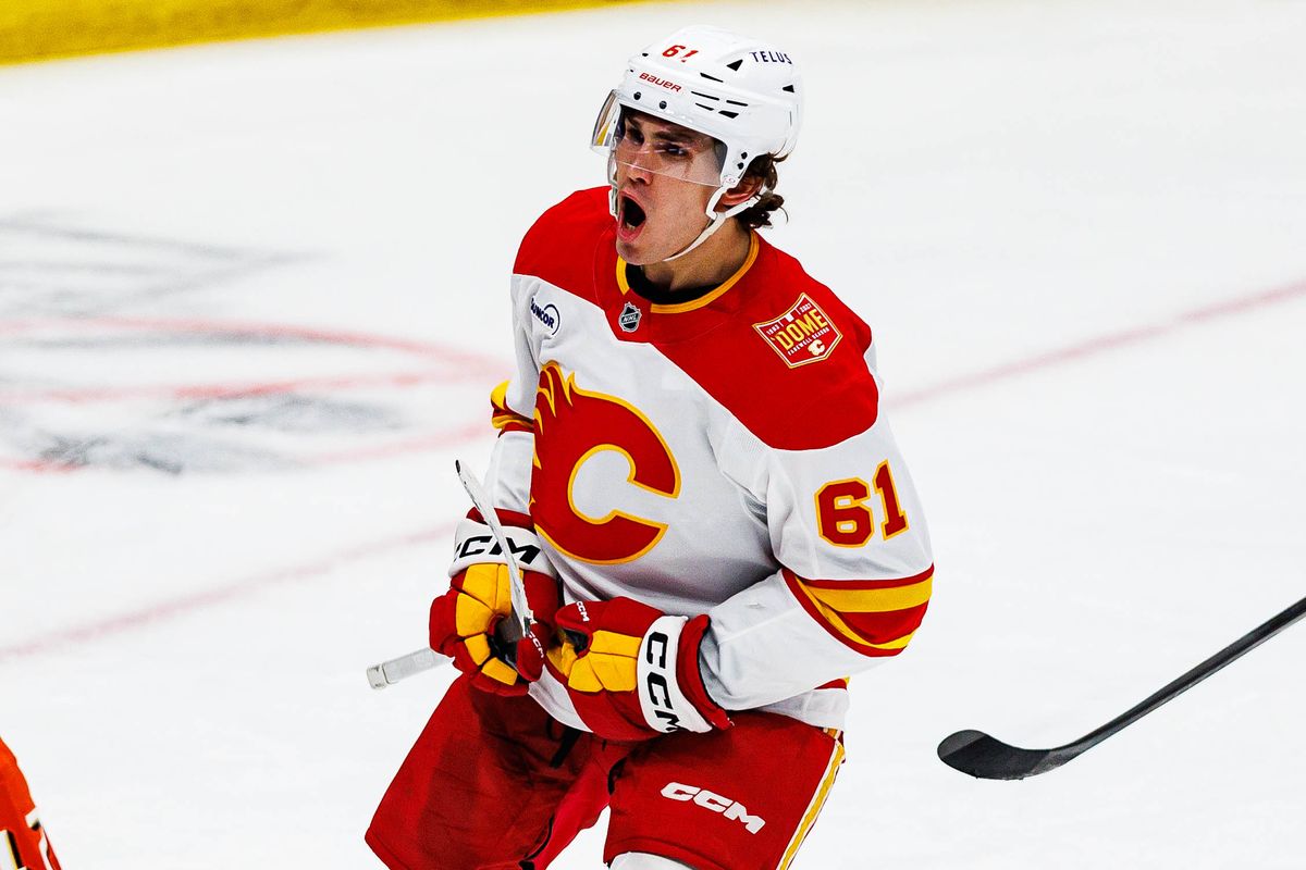 Aydar Suniev #61 of the Calgary Flames celebrates after scoring a goal during an NHL game against the Anaheim Ducks on October 13, 2026 at Honda Center in Anaheim, California.