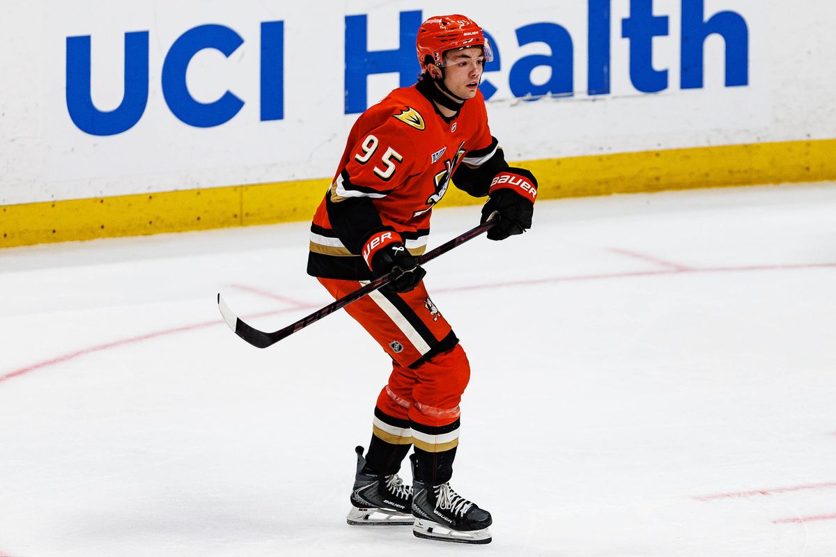 Roger McQueen #95 of the Anaheim Ducks during an NHL game against the Calgary Flames on October 13, 2026 at Honda Center in Anaheim, California.