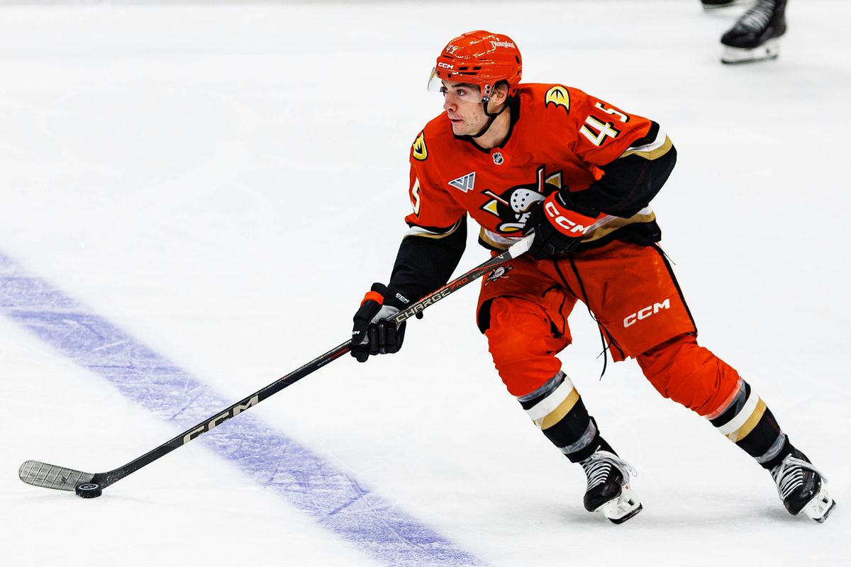 Beckett Sennecke #45 of the Anaheim Ducks skates with the puck during an NHL game against the Calgary Flames on October 13, 2026 at Honda Center in Anaheim, California.