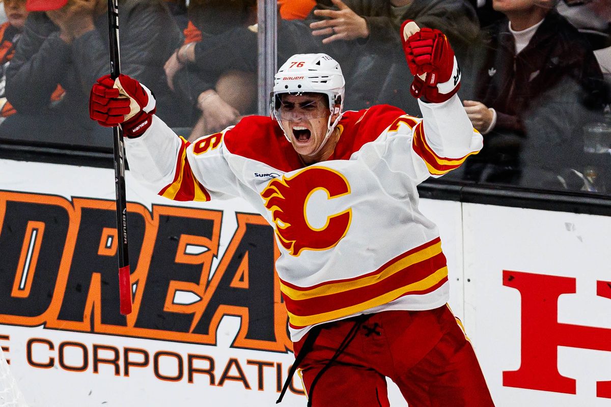 Martin Pospíšil #76 of the Calgary Flames celebrates after scoring a goal during an NHL game against the Anaheim Ducks on October 13, 2026 at Honda Center in Anaheim, California.