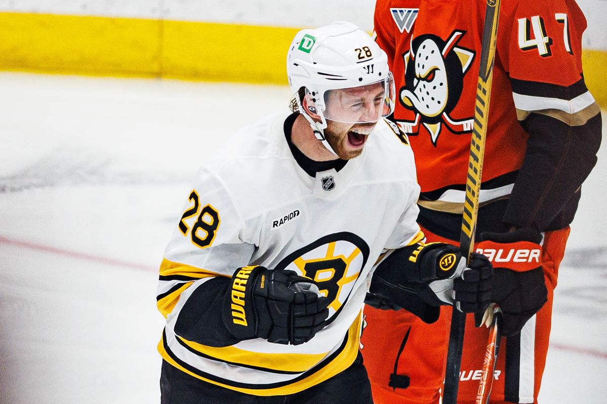 Elias Lindholm #28 of the Boston Bruins celebrates after scoring a goal during an NHL regular season game against the Anaheim Ducks on October 16, 2026 at Honda Center in Anaheim, California. Elias Lindholm #28 of the Boston Bruins celebrates after scoring a goal during an NHL regular season game against the Anaheim Ducks on October 16, 2026 at Honda Center in Anaheim, California.