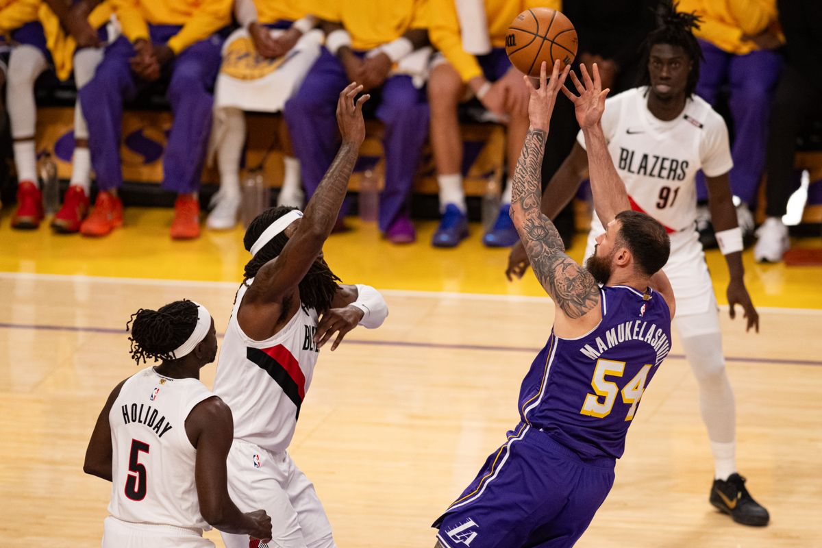 Los Angeles Lakers forward Sandro Mamukelashvili (54) takes a fadeaway jumper during an NBA basketball game against Portland Trailblazers, Tuesday, October 27, 2026 in Los Angeles.