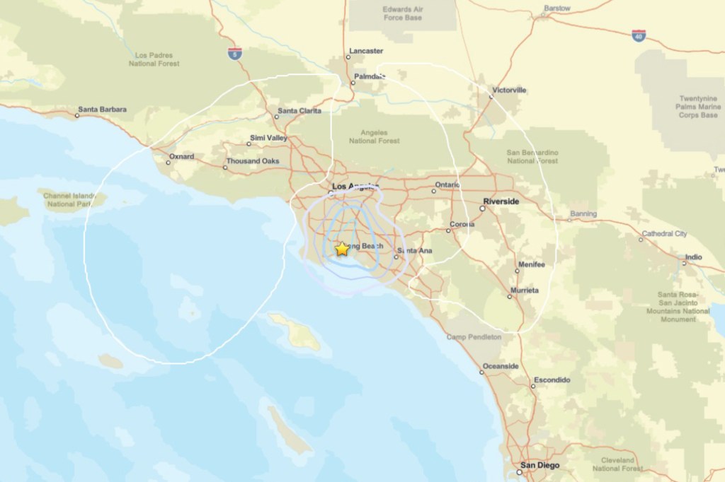Map of Southern California showing the epicenter of the Long Beach earthquake.