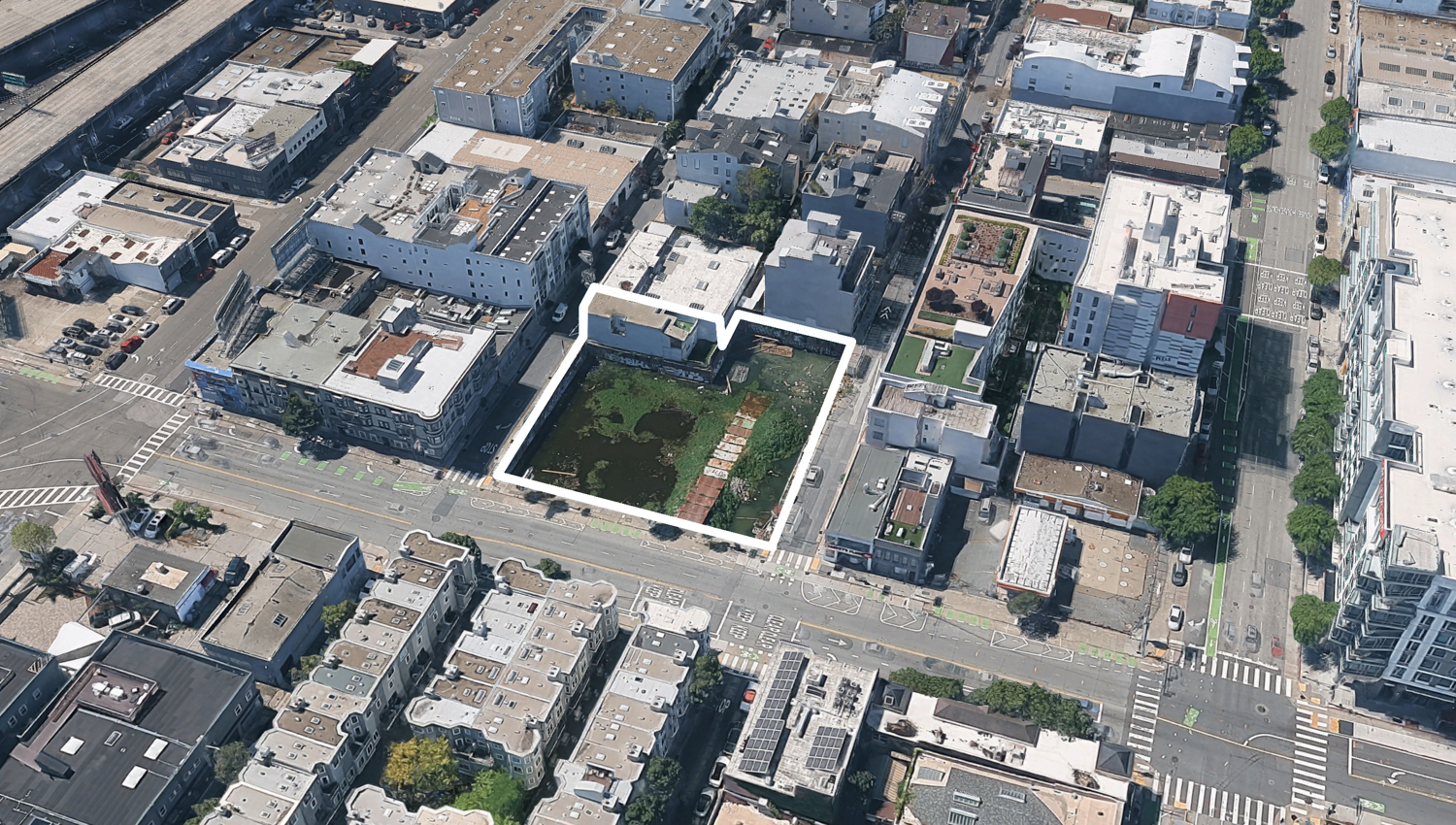 360 5th Street, image via Google Satellite outlined approximately by YIMBY
