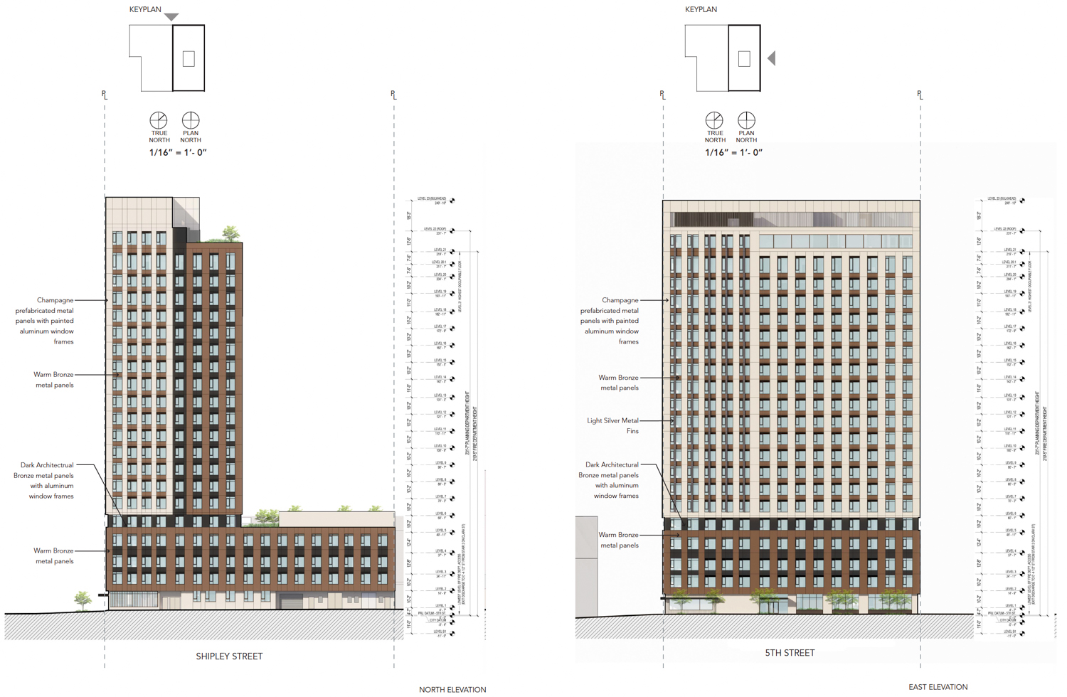 360 5th Street north (left) and east (right) facade elevations, illustration by Handel Architects