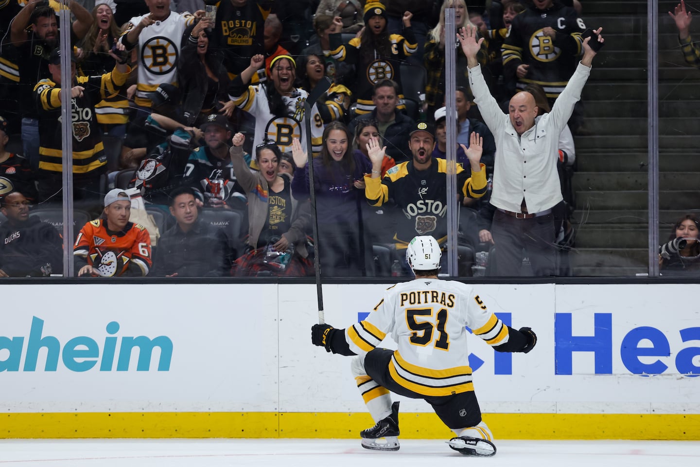 There were lots of Black&Gold sweaters at Honda Center Friday night to cheer on Matt Poitras and the Bruins in their 4-2 win over the host Ducks in Anaheim.