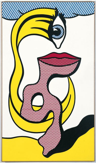 Abstract pop art painting featuring a stylized face with a single eye, large red lips, and wavy yellow and black hair on a white background with blue-striped and yellow elements.