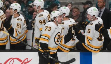 McAvoy scores in his 1st game back from a suspension to lead the Bruins past the Sharks 6-3