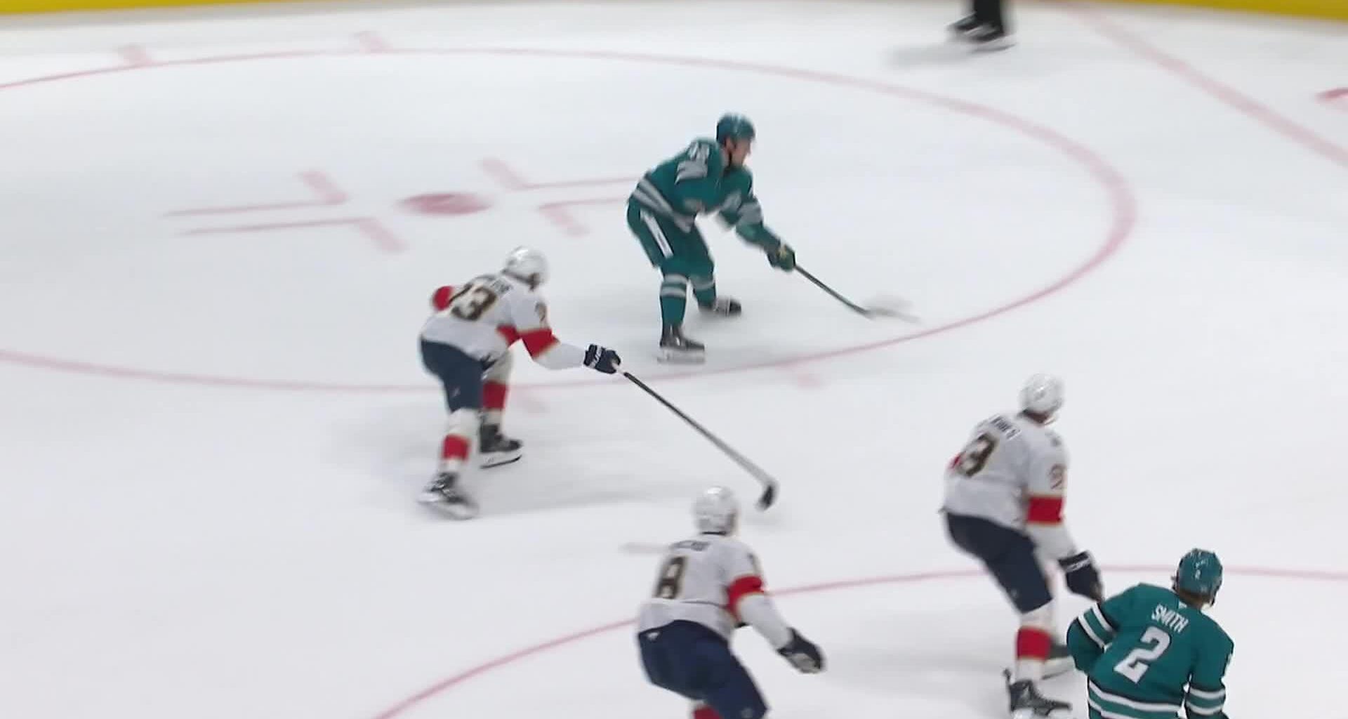 Luca Cagnoni scores in OT in the Sharks' season-opening victory over the Panthers