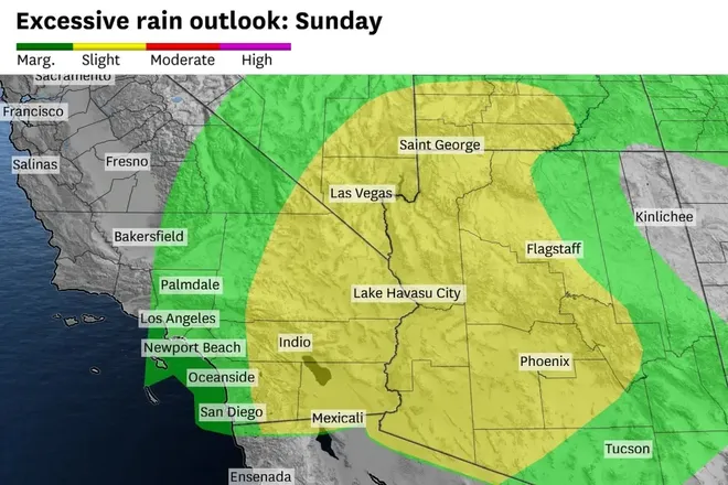 The National Weather Service currently highlights a marginal risk of excessive rainfall from Malibu through Los Angeles and into San Diego County on Sunday.