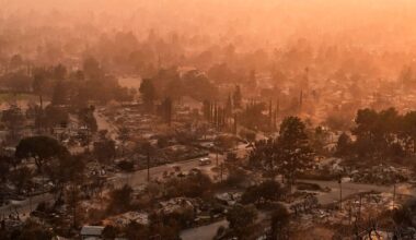 Smoke lingers over a neighborhood devastated by the Eaton Fire, Thursday, Jan. 9, 2025, in Altadena, Calif. (AP Photo/John Locher)