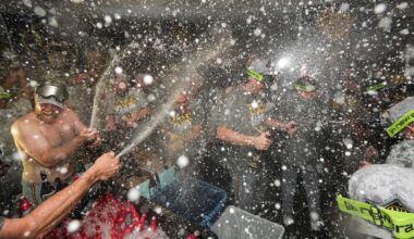 A group of people wearing matching gray shirts celebrate in a locker room as champagne is sprayed, filling the air with droplets.