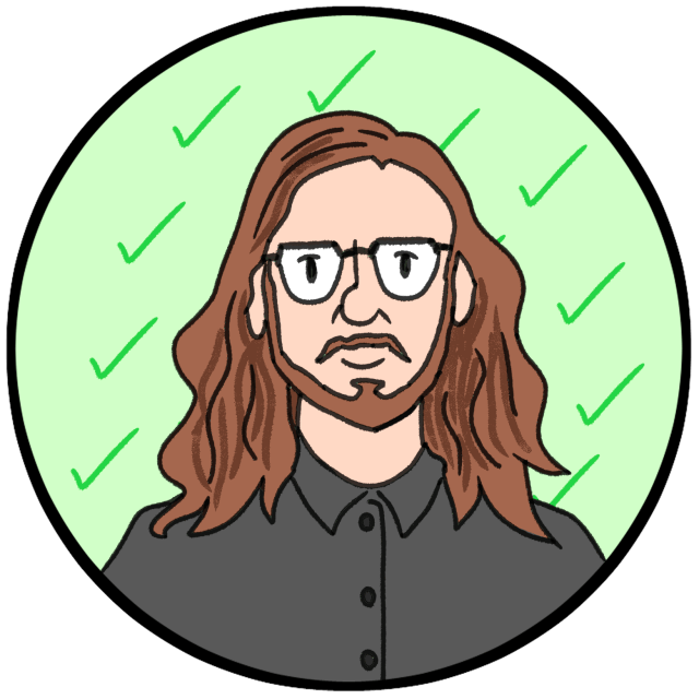 Illustration of a person with long brown hair, a beard, and glasses against a light green background with several green checkmarks.