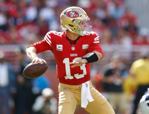 San Francisco 49ers starting quarterback Brock Purdy (13) throws against the Denver Broncos in the second quarter at Levi's Stadium in Santa Clara, Calif., on Sunday, Oct. 4, 2026. (Nhat V. Meyer/Bay Area News Group)