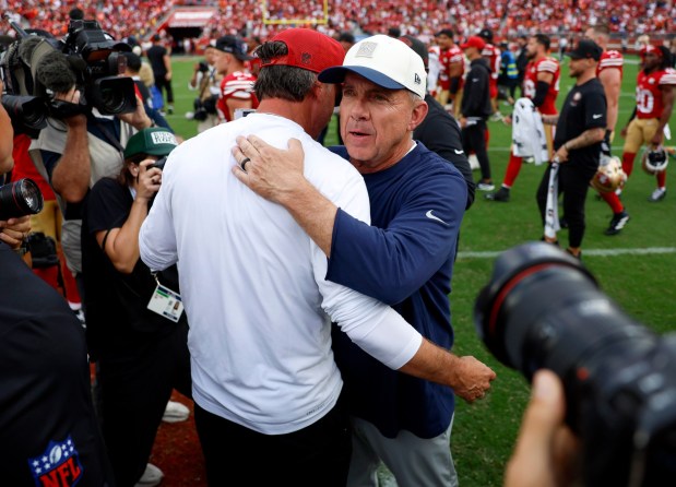 San Francisco 49ers head coach Kyle Shanahan talks with Denver Broncos head coach Sean Payton after the 49ers 24-10 win at Levi's Stadium in Santa Clara, Calif., on Sunday, Oct. 4, 2026. (Nhat V. Meyer/Bay Area News Group)