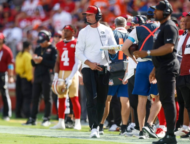 San Francisco 49ers head coach Kyle Shanahan walks the sidelines during their game against the Denver Broncos in the second quarter at Levi's Stadium in Santa Clara, Calif., on Sunday, Oct. 4, 2026. (Nhat V. Meyer/Bay Area News Group)