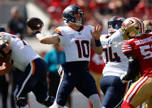 Denver Broncos starting quarterback Bo Nix (10) throws against the San Francisco 49er in the first quarter at Levi's Stadium in Santa Clara, Calif., on Sunday, Oct. 4, 2026. (Nhat V. Meyer/Bay Area News Group)