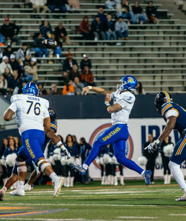 San Jose State quarterback Daniel Rolovich throws a pass during a game against UTEP on Oct. 17, 2026 at the Sun Bowl in El Paso, Texas. (Courtesy of San Jose State Athletics)
