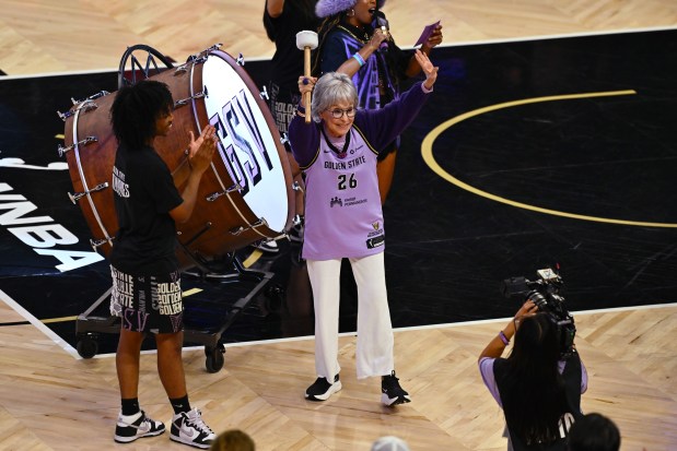 Actress Rita Moreno waves to the audience before hitting the drum at Game 1 of the WNBA Finals at Chase Center in San Francisco, Calif., on Saturday, Oct. 17, 2026. (Jose Carlos Fajardo/Bay Area News Group)