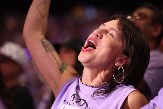 Golden State Valkyries fan Anna Koeckeritz, of Oakland, cheers as the Golden State Valkyries get closer to defeating the Atlanta Dream in the fourth quarter of Game 1 of the WNBA Finals at Chase Center in San Francisco, Calif., on Saturday, Oct. 17, 2026. (Ray Chavez/Bay Area News Group)