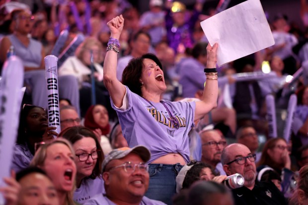 Golden State Valkyries fans cheers in the third quarter of Game 1 of the WNBA Finals against the Atlanta Dream at Chase Center in San Francisco, Calif., on Saturday, Oct. 17, 2026. (Ray Chavez/Bay Area News Group)