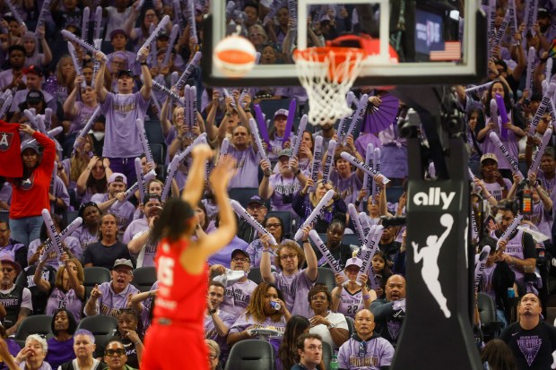 Fans cheer against Atlanta Dream's Allisha Gray (15) during free throws in the third quarter during game 1 of the WNBA Finals at the Chase Center in San Francisco, Calif., on Saturday, Oct. 17, 2026. (Shae Hammond/Bay Area News Group)