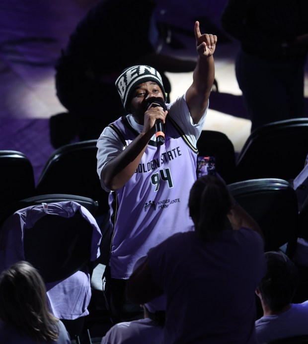 Rapper LaRussell, of Vallejo, performs in during halftime of Game 2 of the WNBA Finals at the Chase Center in San Francisco, Calif., on Monday, Oct. 19, 2026. (Jane Tyska/Bay Area News Group)