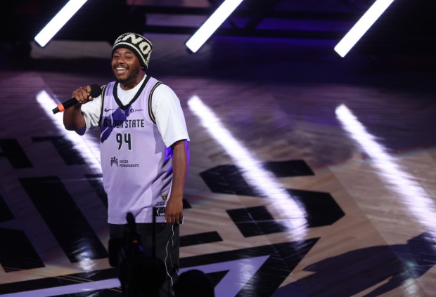 Rapper LaRussell, of Vallejo, performs during halftime of Game 2 of the WNBA Finals at the Chase Center in San Francisco, Calif., on Monday, Oct. 19, 2026. (Jane Tyska/Bay Area News Group)